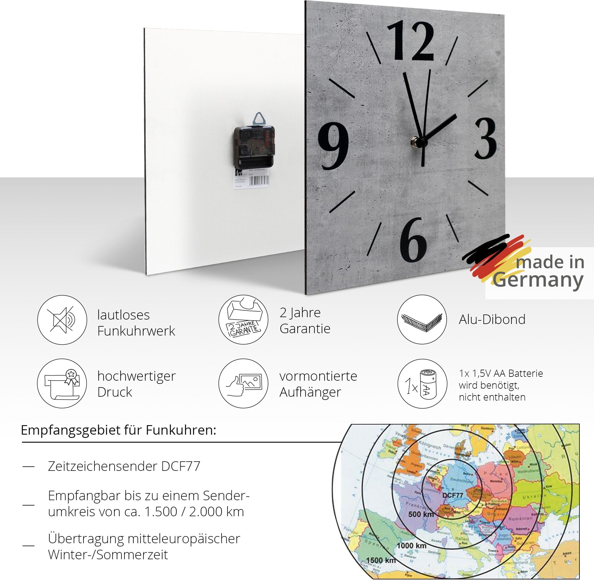 Wanduhr GOODPRODUCT "Modernes Ziffernblatt", weiss (rot), B:30cm H:30cm T:1,5cm, Wanduhren, Wanduhr, wahlweise mit Quarz- oder Funkuhrwerk, lautlos ohne Tickgeräusche rot B/H/T: 30cm x 30cm x 1,5cm, Funkuhr