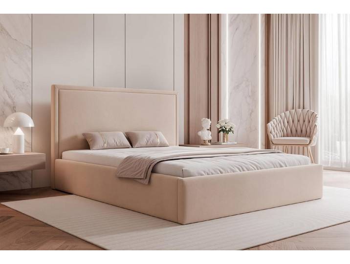 Compleo Polsterbett Design Bett, Elegant und Glamour Design, Doppelbett, gepolstertes Kopfteil mit Bettkasten