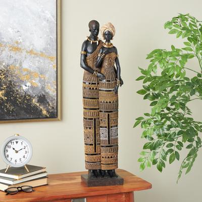 ARCILLA ELEMENTAL Black Resin Tall African Family Decorative Sculpture with Gold Jewels