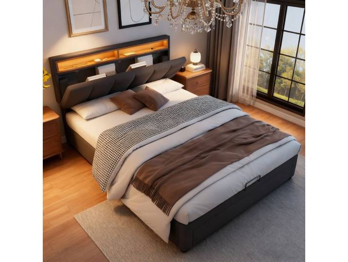 Lit coffre 140x190 cm - NEXU - Gris Anthracite - LED intégrée - Tiroirs de rangement - Tête de lit réglable