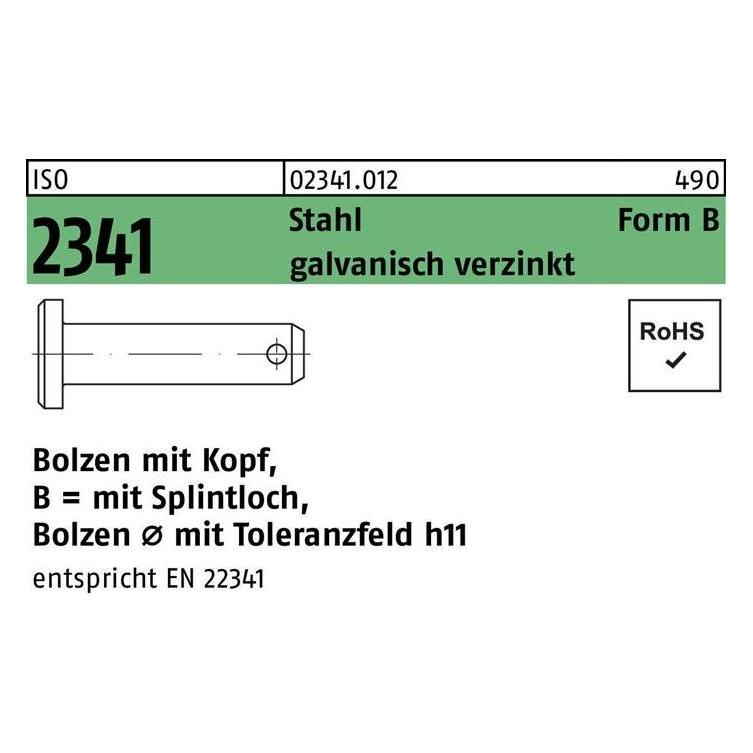 Bolzen ISO 2341 m.Kopf/Splintloch B 10 x30 x25,5 Stahl galvanisch verzinkt (023410120100030)