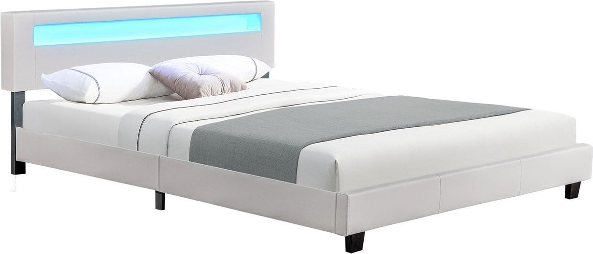Juskys Gestoffeerd Bed Paris met LED-verlichting - Wit - 180 x 200 cm