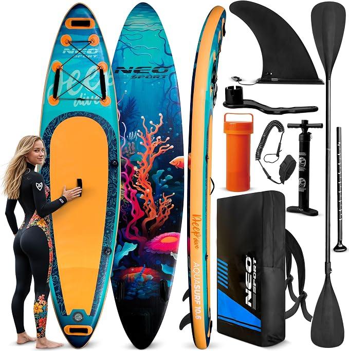 Stand Up Paddle Board - SUP Aufblasbar Set - 320 cm - Mit Zubehör Handpumpe Paddel Leash Rucksack - Aquasurf 10.6 - Braun