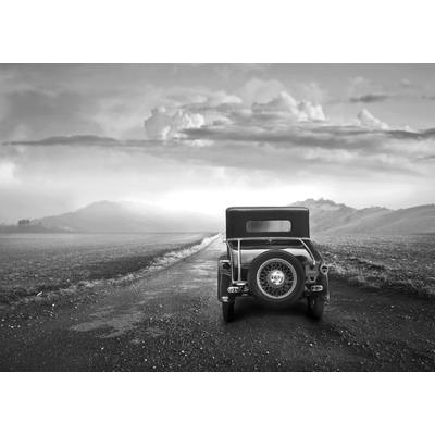 Fototapete PAPERMOON "Landschaft mit Auto Schwarz Weiß", bunt, B:2m L:1,49m, Vlies, Tapeten