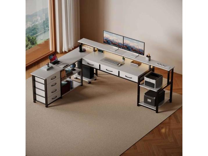 Bureau Gamer en L Réversible 146cm avec LEDs RGB 7 Tiroirs Prises USB et Support PC - Blanc