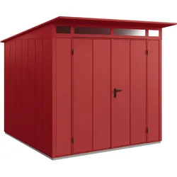 Hörmann Metall-Gerätehaus EcoStar Premiumline mit Pultdach B 238 x 238 cm (Typ 2), Motiv Design (mit breiten Lamellen), Doppeltür, Purpurrot (RAL 3004)