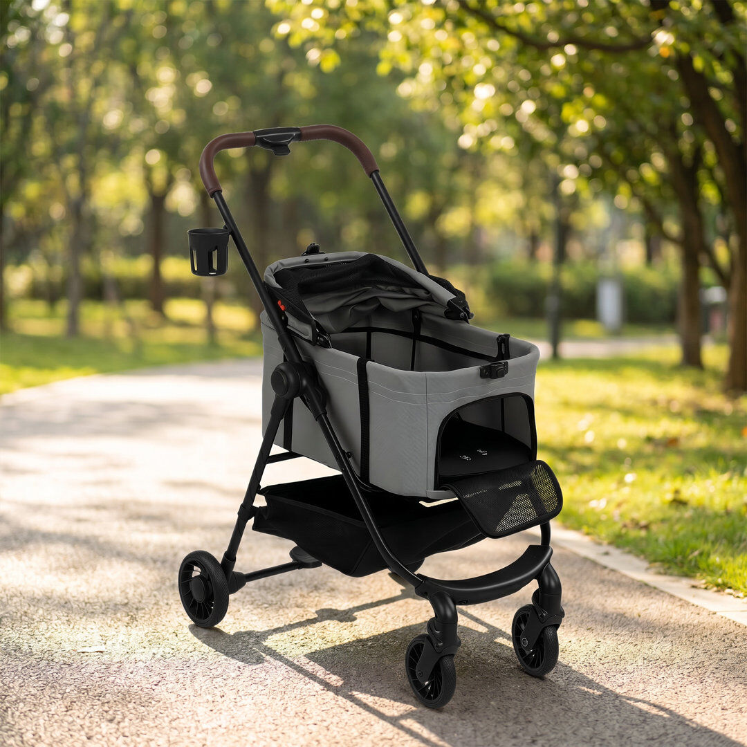 PawHut 3 in 1 Foldable Pet Stroller for Small Dog with Travel Carrier Grey Grey, Black 99cm H X 76cm W X 53cm D