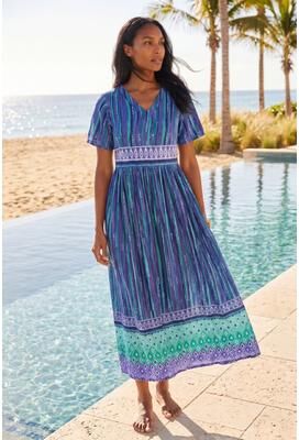 Plus Size Women's Long Crinkle Cotton Lounger by Only Necessities in Blue Violet Geo (Size 3X)