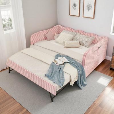 Full Size Upholstered Daybed with Pull-Out Trundle,3-in-1 Convertible Sofa Bed,Side Storage Pockets