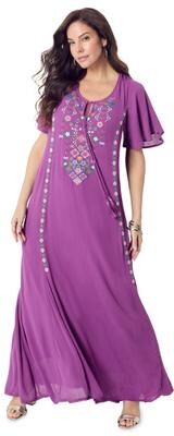 Plus Size Women's Plus Size Flutter Sleeve Hand Crinkled Maxi Dress - Curvy A-Line by Roaman's in Purple Folk Embroidery (Size 30/32)