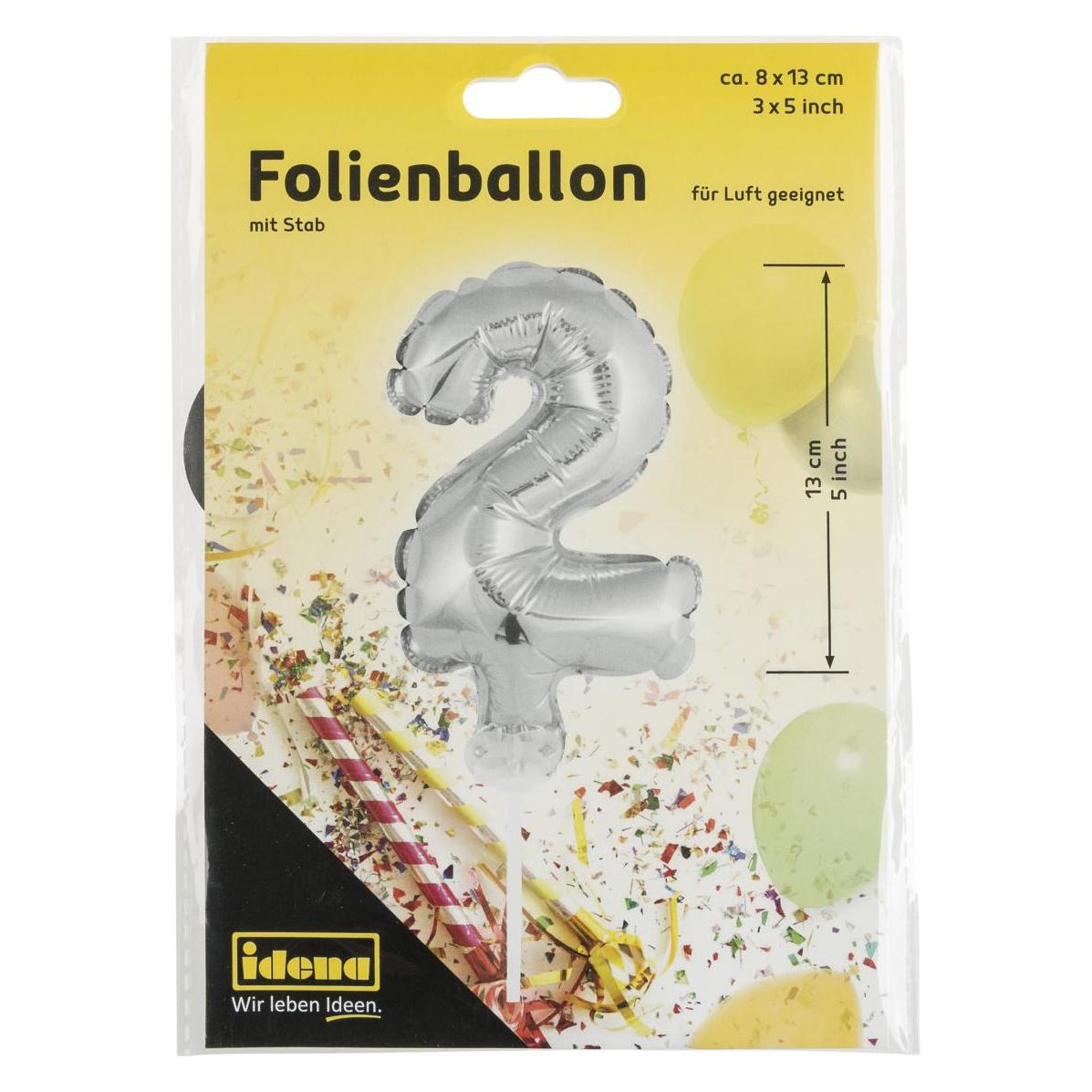 Idena Folienballon Zahl 2 am Stab 13cm silber (1x) (22658370)
