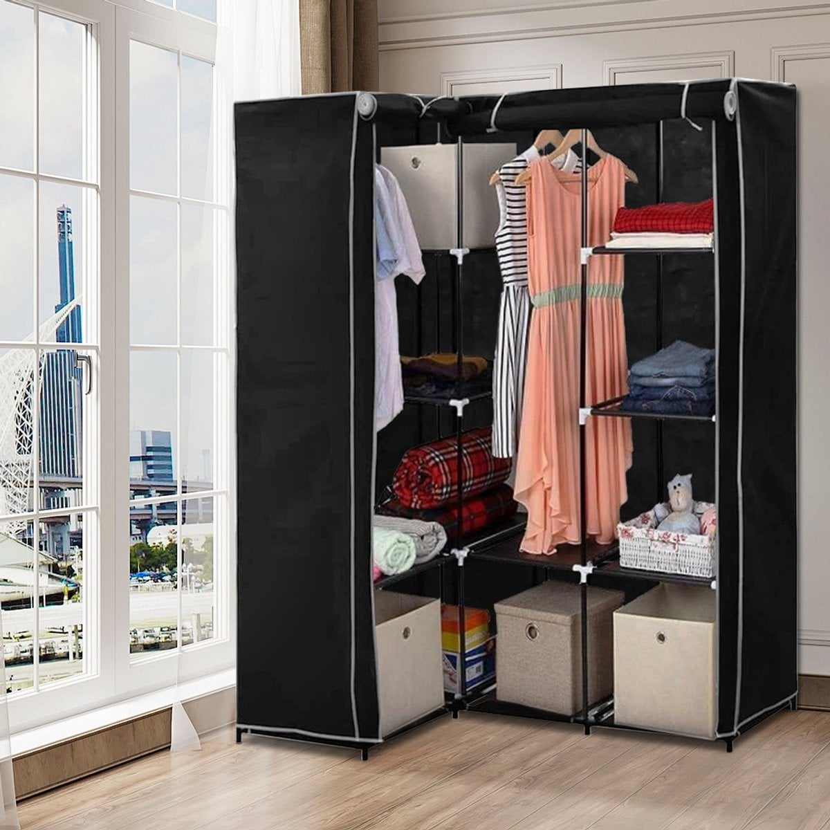 Moderne hoekkast voor de slaapkamer van metaal en textiel