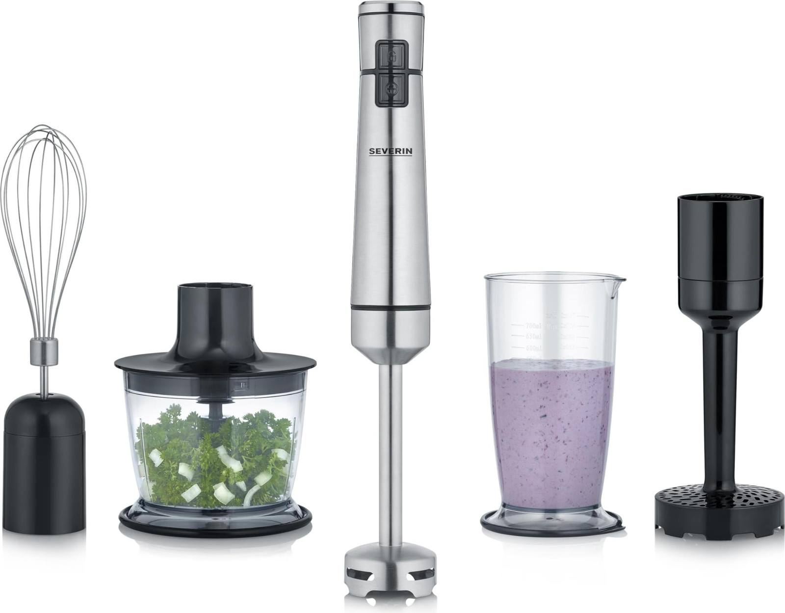 Severin Draadloze staafmixer SM 3775 Premium-set, roestvrij staal/zwart, met hakmolen, aardappelstamper en garde