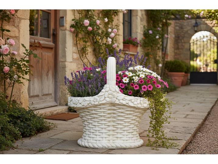 Jardinière décorative en pierre reconstituée – Panier sculpté style maison de campagne