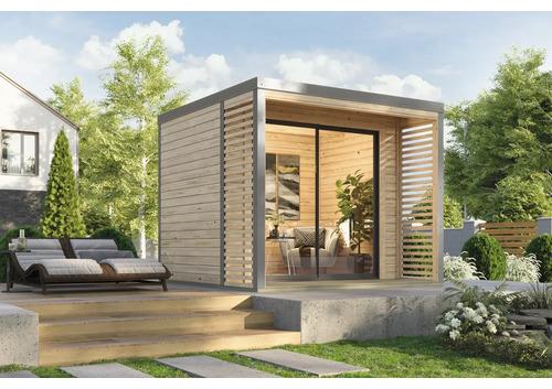 Gartenhaus Karibu Kaspi A Blech grau inkl. Fußboden, Terrasse, Unterkonstruktion, Vordach 276 x 276 cm natur