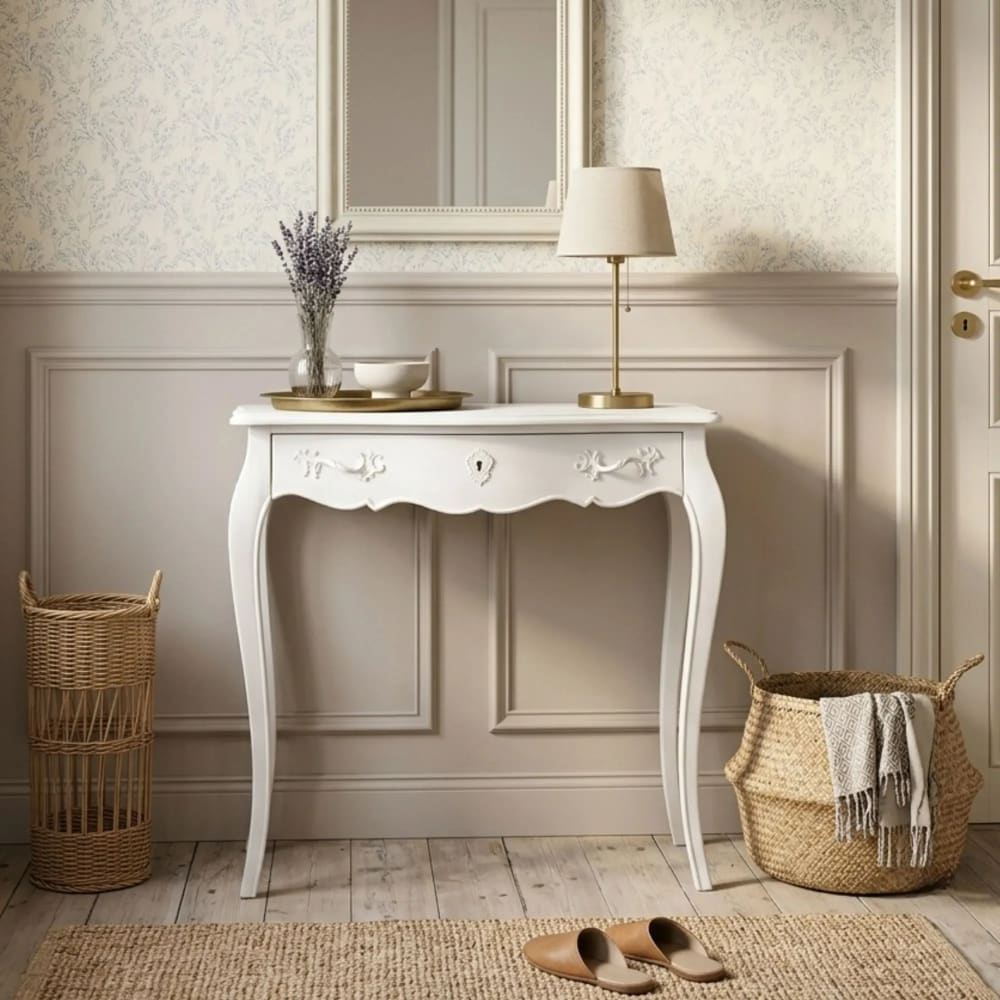 Hellin Console d'entrée baroque en bois blanc Blanc 90x90x25cm