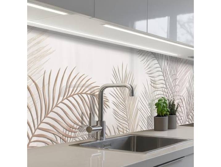KitchenYeah© Rückwand Küche Rückwandschutz Selbstklebend Spritzschutz 80x500 cm - Küchenrückwand Küchenfront Küchen Selbstklebende Küchenrückwände Blätter - Beige - Botanisch - Vintage