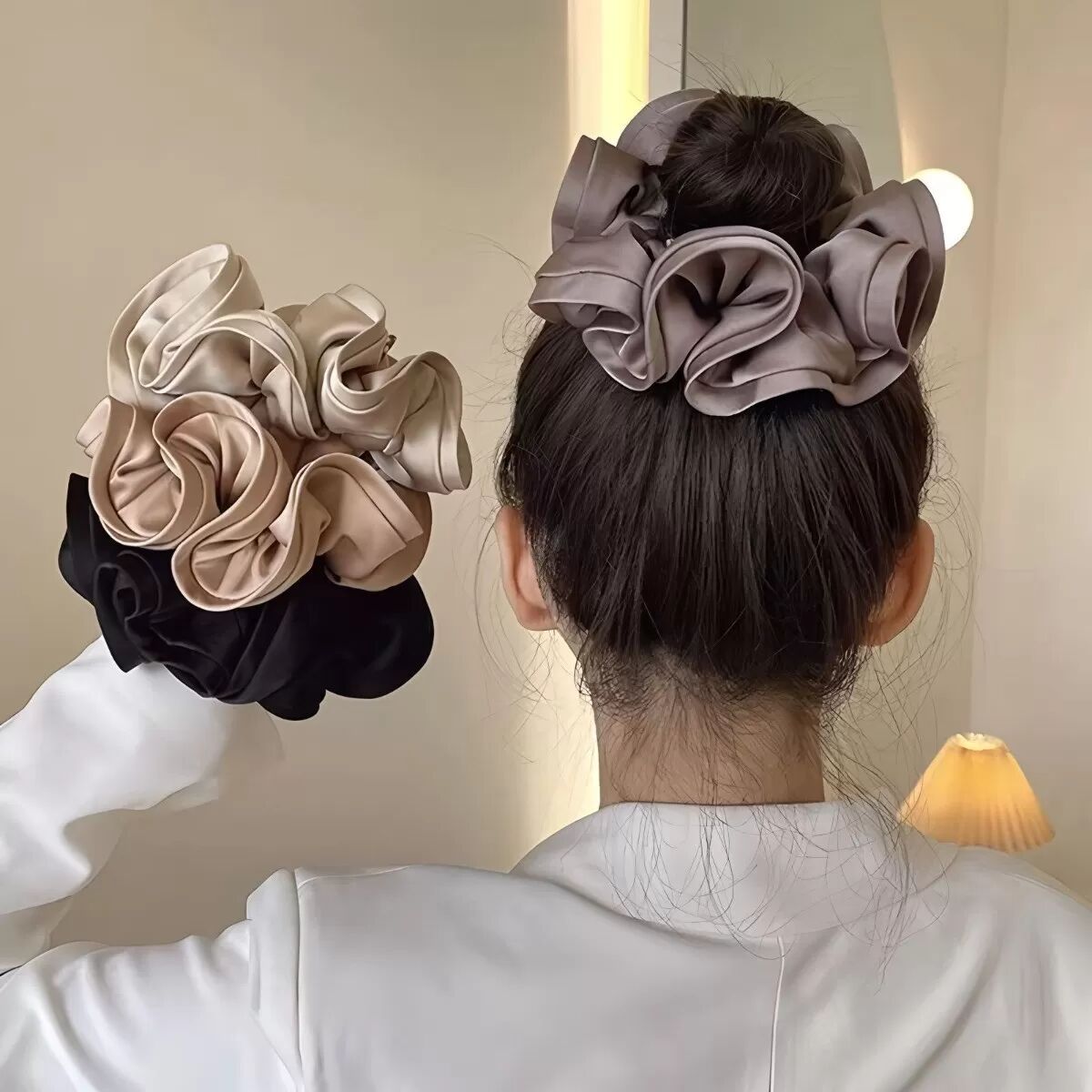INF Elegante Satin-Scrunchies für Damen - 5er Set, 7cm, Verschiedene Farben Khaki
