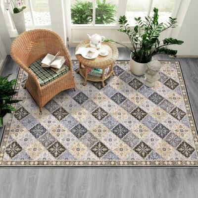 Garvee Geometric Checkered Boho Vintage Chenille Washable Area Rug
