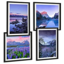 BILDER SET 4er Set - 50x50 cm & 40x60 cm Schwarzer Rahmen - Berglandschaften, Wasser, Blumenfeld