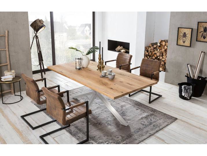 Esstisch, Massivholz Wildeiche, Beige/Silber, 180×100 cm, Festmontiert, SIT-Möbel