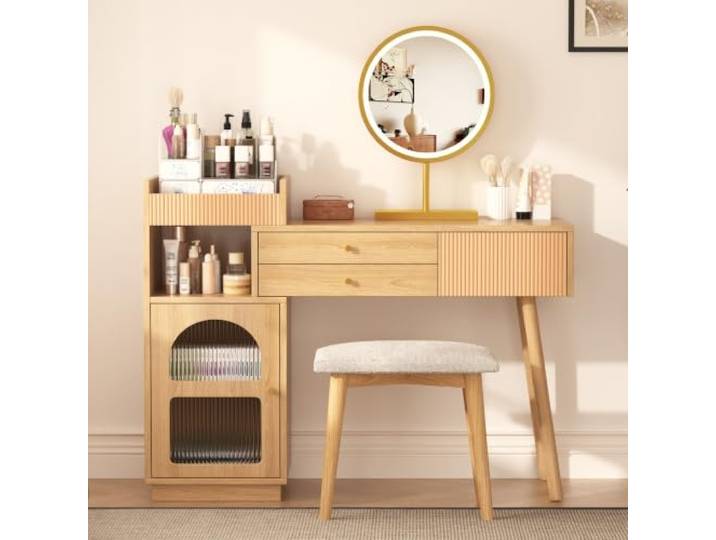 Schminktisch mit LED-Spiegel, 3-Farbig, 3 Schubladen Seitenschrank Holz Weiß Schminktisch mit Beleuchtung, Dressing Table mit HD-Spiegel, Regenbogenglas-Türen, viel Stauraum, B120/H90/T40 cm