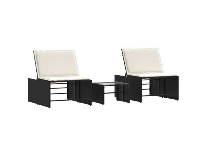 Set mit 2 Liegestühlen, modular, mit Tisch, Polyrattan, Schwarz, Strapazierfähiges Polyrattan, Tischplatte aus gehärtetem Glas, abnehmbare dicke Kissen, Rückenlehne 4 Positionen