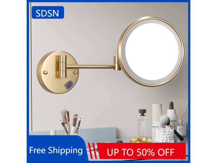 Miroir de salle de bain pliant Led or brossé, accessoires muraux, miroir de maquillage léger, grossissant 5X de 8 pouces, miroirs de salle de bains