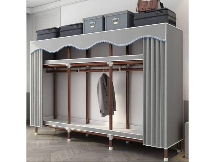EZZPGDKU Kleiderschrank, Stoffschrank für Schlafzimmer, Faltschrank, Stoffkleiderschrank mit Staubabdeckung, Kleiderschrank aus Stoff mit Kleiderstangen und Ablagen, für Kleideraufbewahrung, Grau