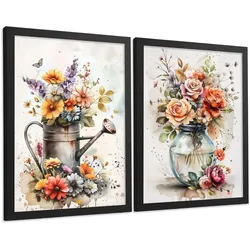POSTER 2er Set Blumen-Wandbilder Rosen in Vase Botanisches Aquarell Bunt Küche Wohnzimmer Wanddeko Rahmenlos A4