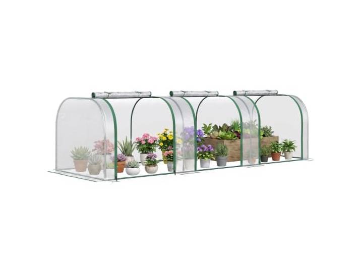 Outsunny Mini Serre de Jardin Tunnel 3 Portes 3x1x0\,8m Acier Transparent Mini Serre Tunnel\, Acier\, Plastique Haute Densité\, 3 Portes avec Zip Enroulables