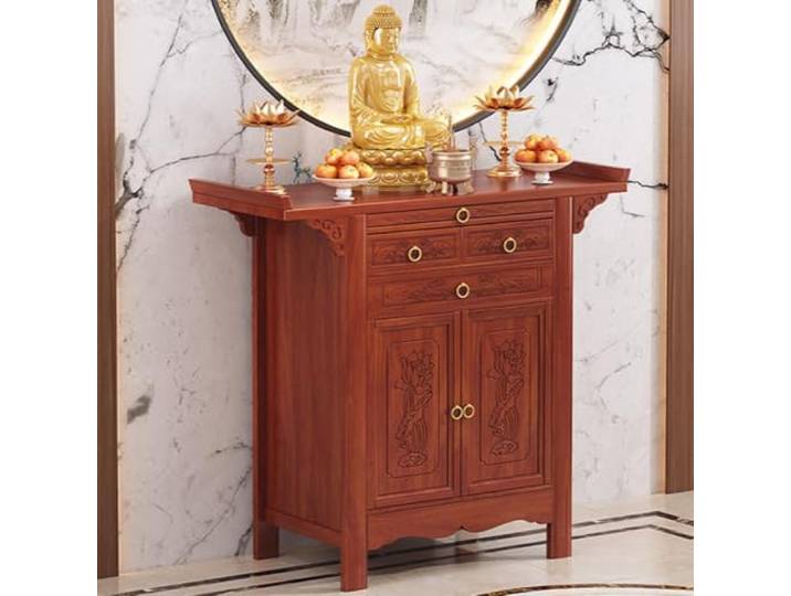 Opfertisch aus Massivholz mit Schubladen und Schrank, buddhistisch Detaillierte Lotus‑Schnitzereien, praktischer Stauraum sowie hochgezogene Tischränder für Statuen und Opfergaben