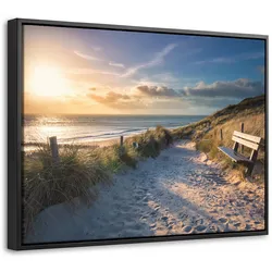 LEINWAND Bilder mit Rahmen - Sonnenuntergang - Strand - Düne - Gras - Ufer - 40x30