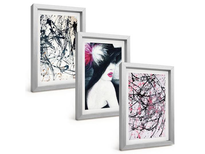 BILDER SET 3er Set - 20x30 cm Silberner Rahmen - Abstrakte Farbmuster Hut