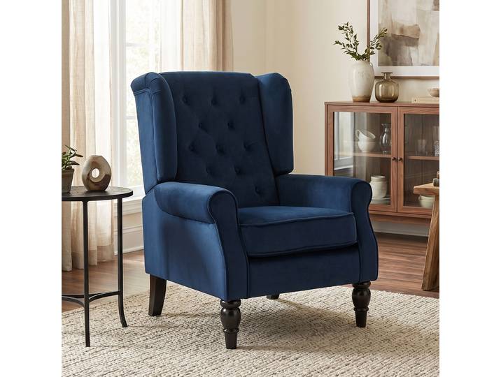 HOMCOM Fauteuil de salon capitonné avec assise large, pieds en bois, style classique, grand confort, 74x86x102cm, bleu foncé