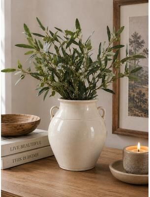 "Artissance 7"" W Off-White Glazed Ceramic Vase with Decorative Handles"