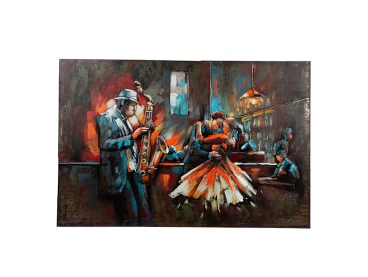 GILDE Tableau en métal Bartime - Musiciens - Motif couple - Structuré - Rectangulaire - Hauteur 80 cm x Largeur 120 cm - Bleu/Marron/Rouge