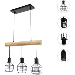 Pendelleuchte HWC-H83, Hängelampe Hängeleuchte, Industrial Vintage Massiv-Holz Metall schwarz ~ 3 Gitterlampenschirme