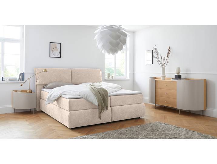 Boxspringbett, Struktur weich, Beige, 208×225 cm, 7-Zonen-Kaltschaummatratze, Skandinavisch, andas