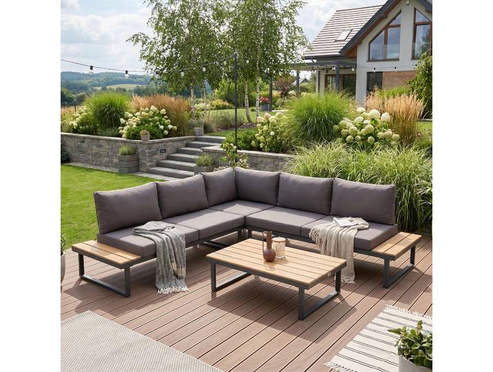 BEAUTYSOFA MADISON Gartenlounge Ecksofa Dunkelgrau – Gartenmöbel Set, Ecklounge, Outdoor Sofa, Loungegruppe mit Couchtisch, 5 Sitzplätze