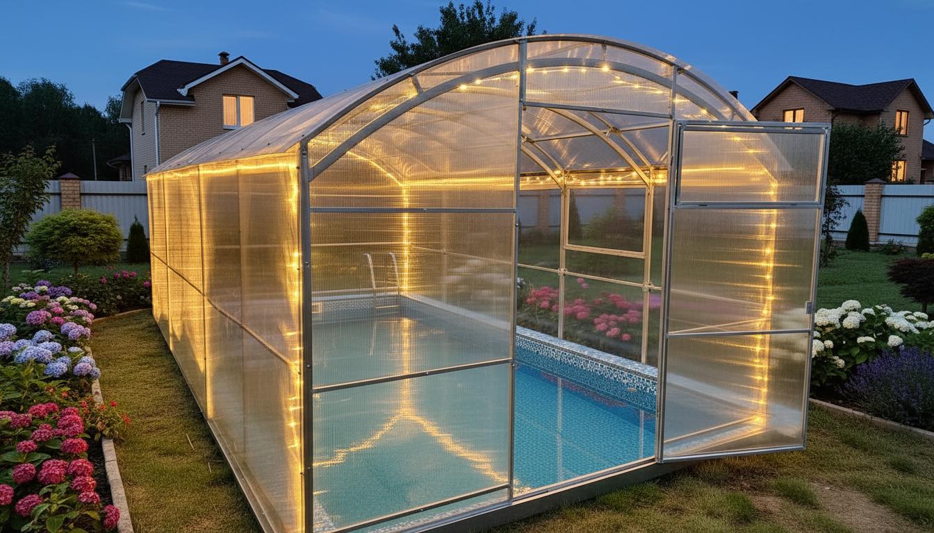 Poolabdeckung "Poseidon" von Garten Dream. 3x6M mit 4mm polycarbonate Ganzjährige Nutzung. Schnee- und winddicht. Türen auf jeder Seite. Rostschutz.