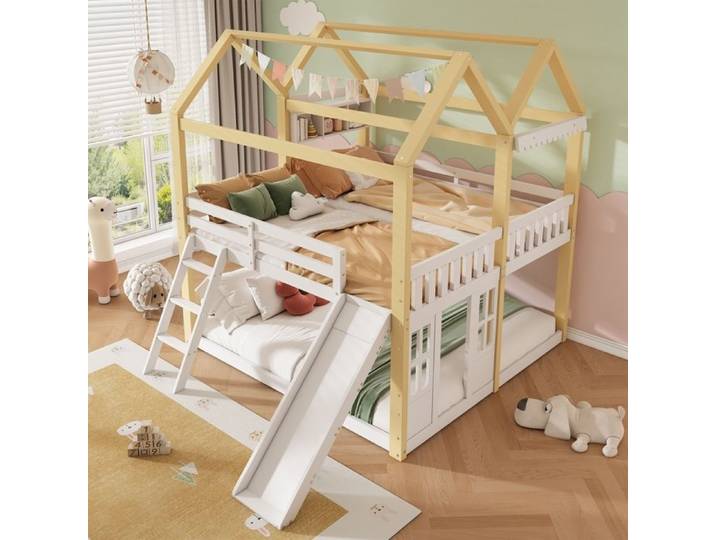 Lit Cabane Enfants 90x200 cm Lit Mezzanine Enfant avec Toboggan et échelle Lit Enfant Mi Hauteur en Bois avec Porte Design