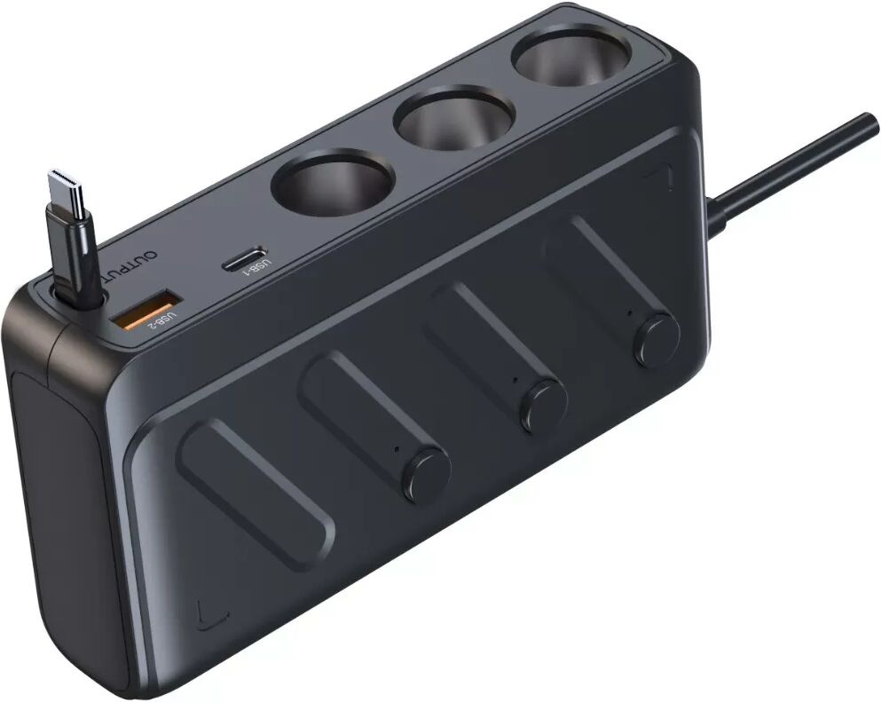 INF 3-fach Zigarettenanzünder Auto-Ladegerät mit USB-C PD45W, 187W Gesamtleistung, 12-24V, digitales Display und 65cm