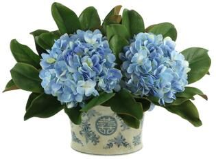 Creative Labs Hydrangea and Magnolia Leaf Arrangement in a Decorative Ceramic Pot - Blue, White, Green