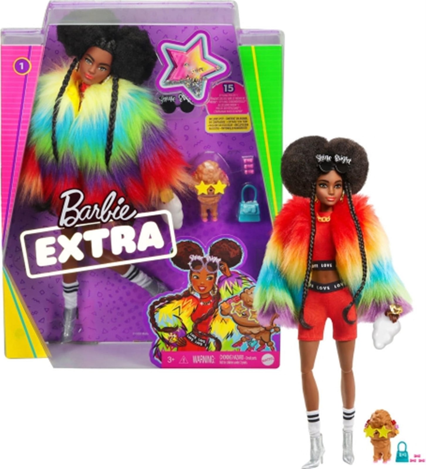 Barbie Extra pop met afro en regenboogjas inclusief huisdier