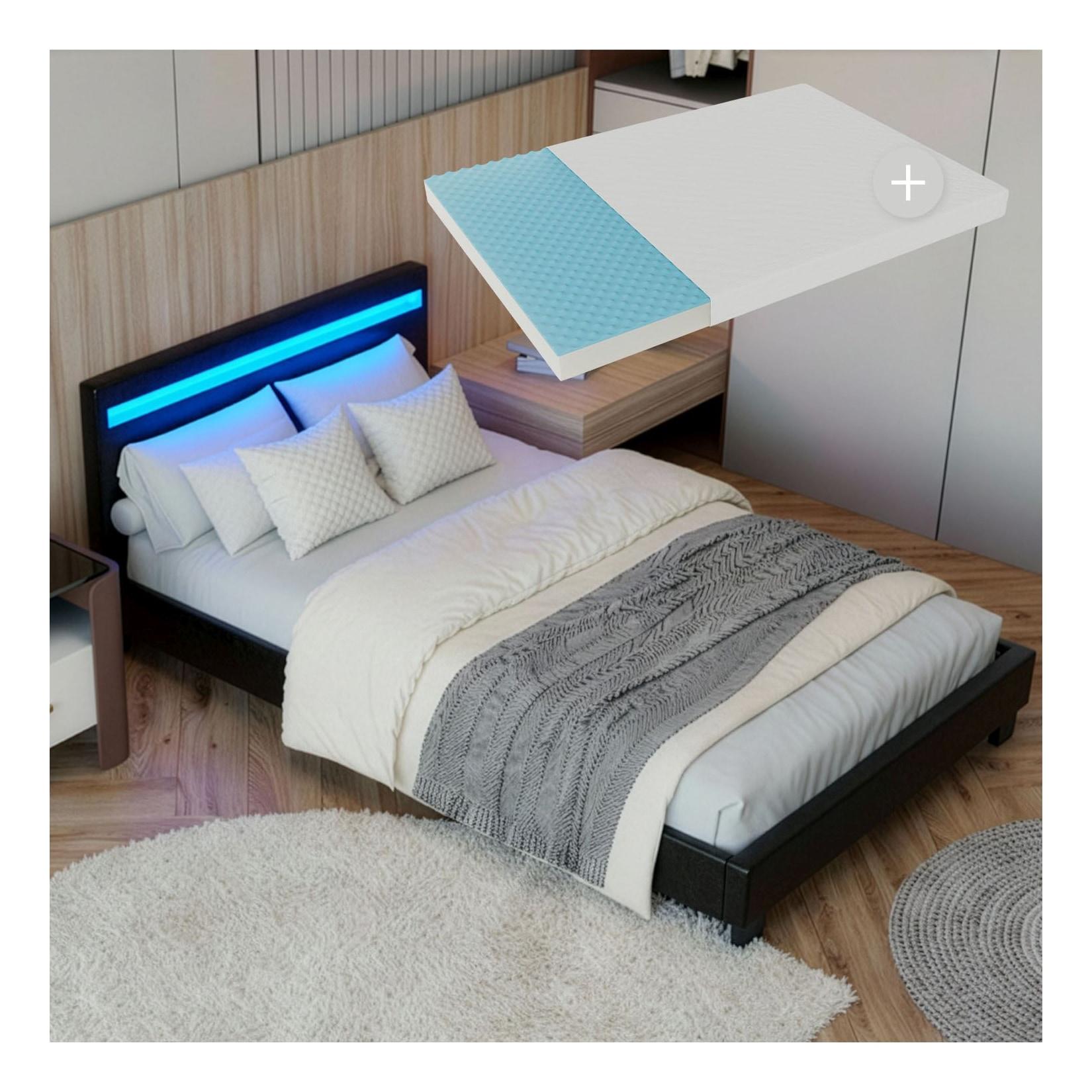 Juskys Polsterbett Paris 90x200 cm schwarz mit Matratze – Einzelbett + LED-Beleuchtung & Lattenrost