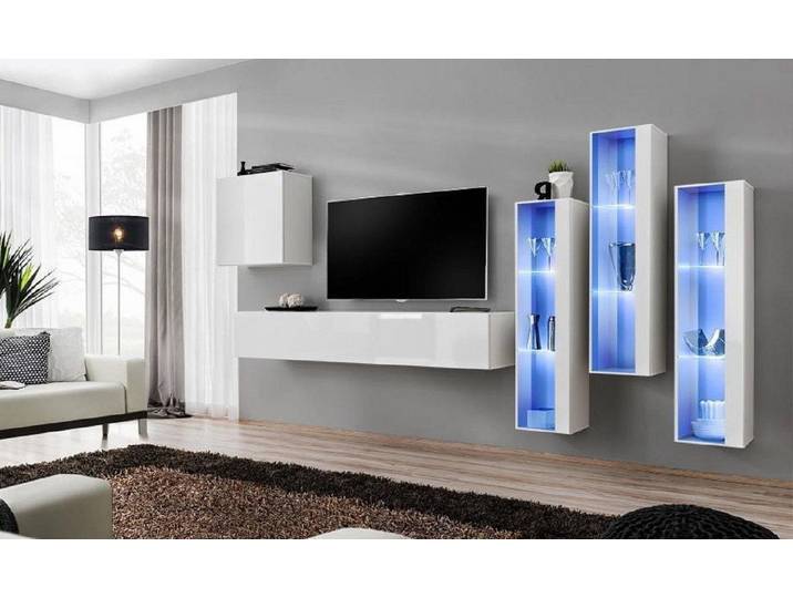 Xlmoebel Wohnwand Weiße Design-Wohnwand mit Sideboard und Flachboard aus Holz, (6-St., 1x Wohnwand + 1x TV Ständer + 4x Wandschrank), Hergestellt in Europa