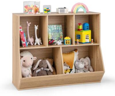 Costway 5-Cube Wooden Kids Toy Storage Organizer with Anti-Tipping Kits-Natural