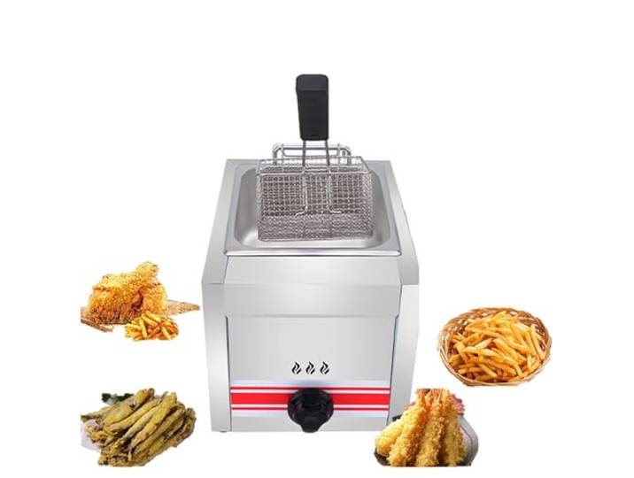 Professionelle gewerbliche Gasfritteuse, kommerzielle Edelstahl-Fritteuse mit Frittierkörben und Deckeln, von Friteuse Gastronomie, Pommes Frites, Zwiebelringen, Hühnchen, hohe Heizleistung
