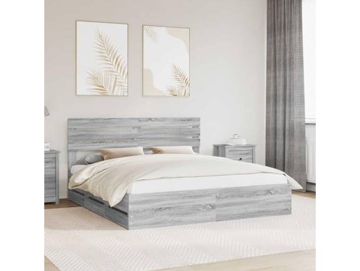 RJPLMFV Bettgestell, Grau, Sonoma, 180 x 200 cm, Holz, Technik Mit Schubladen, Latten-Design, freistehende Struktur, einfache Reinigung